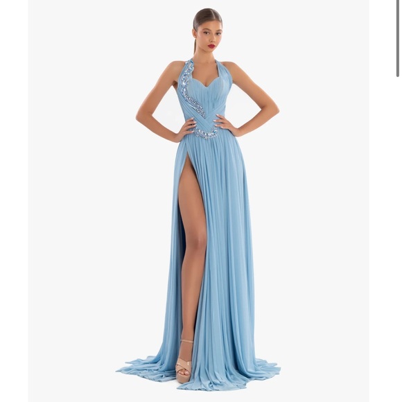 Couture Sky Blue Halter gown - Picture 1 of 3
